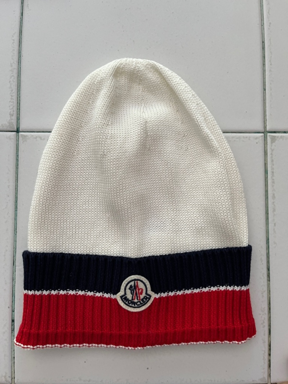 Moncler Tricolor Ribbed Cuff Beanie in White, Navy & Red